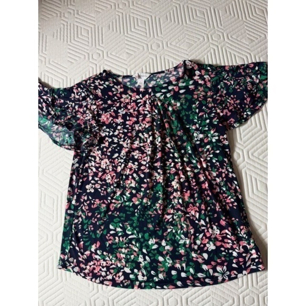 Liz Claiborne Blue Blouse w/floral Print Short Sleeve Top Size‎ Large - Picture 6 of 11